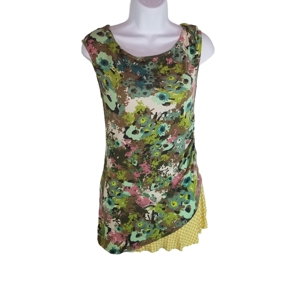 Anthropologie Weston Wear floral shirred mixed fabric top